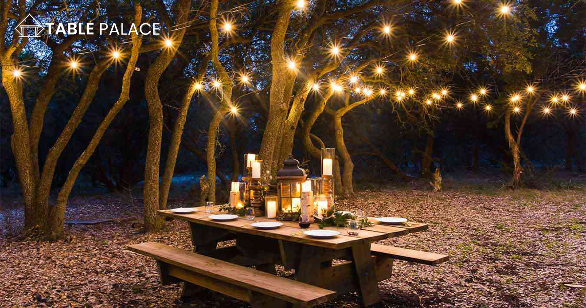Hang string lights around the table for a festive look