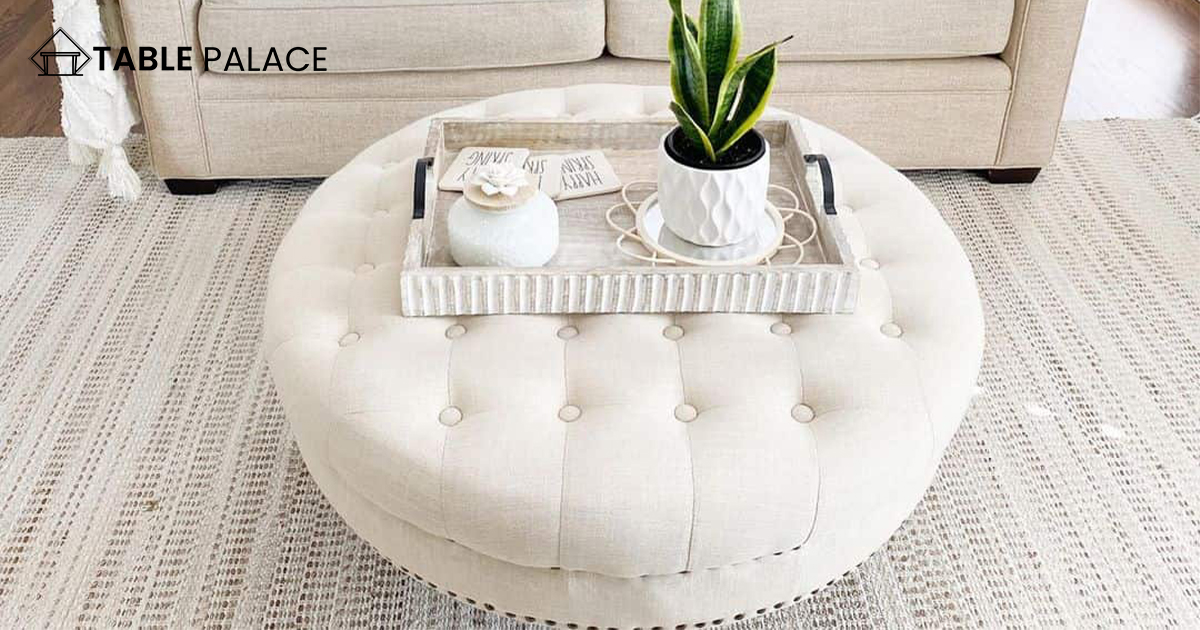 White Sectional with Tufted Ottoman Tray Decor