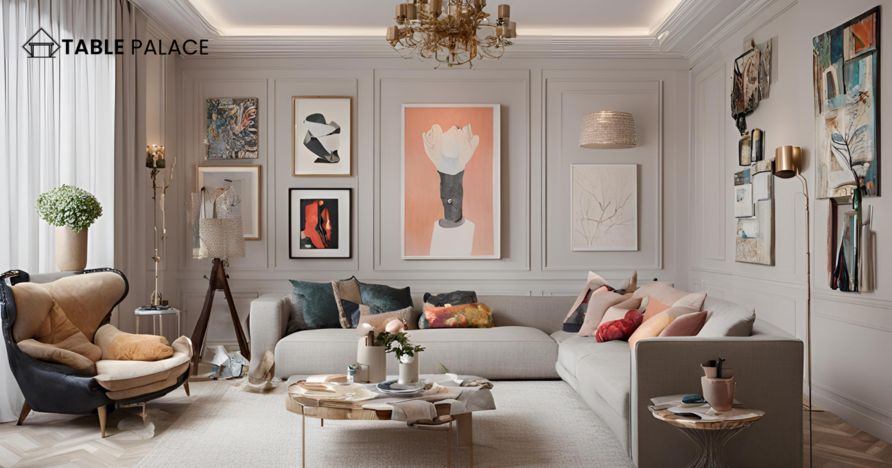 a living room with off-white walls and off white sofas and paintings on the wall